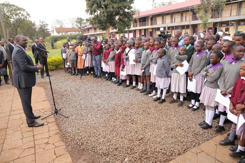 President Ruto addressing learners at Joseph Kangethe Primary School in Kibra Image courtesy: KBC